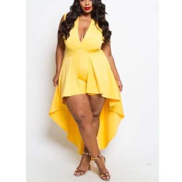 Plus Size Yellow Hi Low Ruffle Peplum Romper - Picture 2 of 5